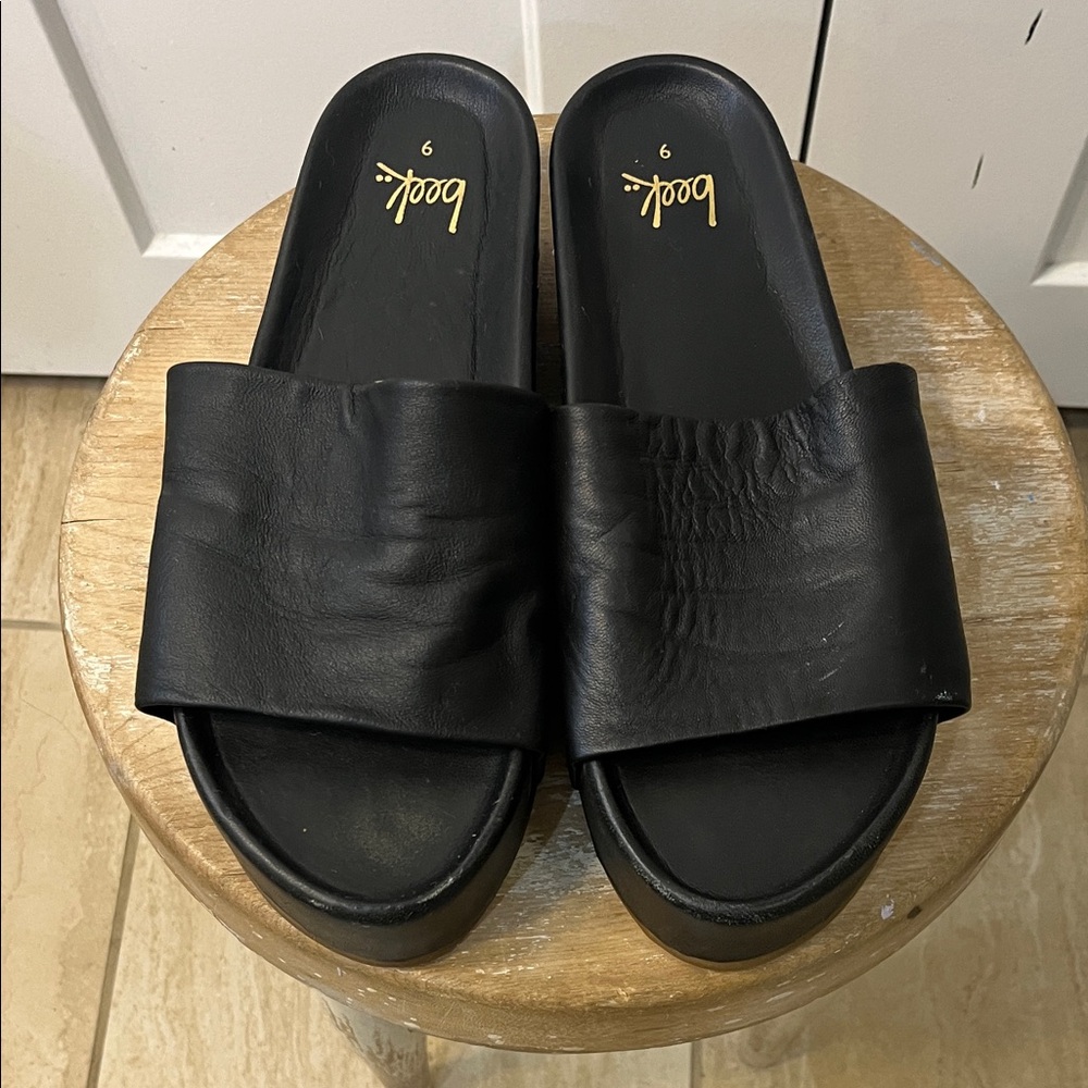 beek Pelican Leather Platform Black Women's Slide Sandals - Picture 4 of 16